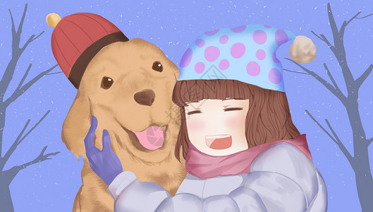 少女雪中与狗狗玩耍飘雪高清图片素材