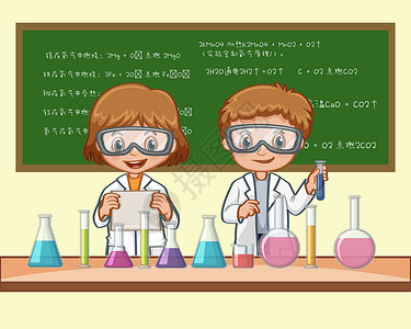 两个学生化学实验插画