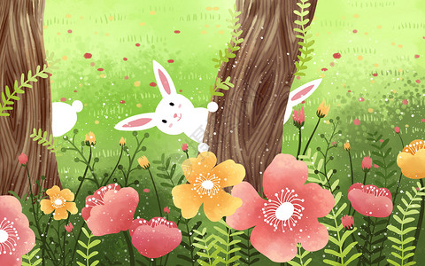 绿色的叶子图片可爱的卡通兔子插画
