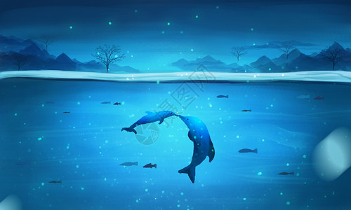 海面海豚海底唯美世界插画