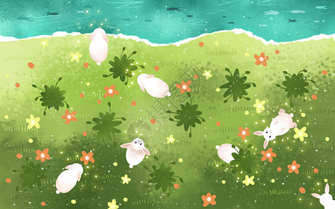 湖水俯视河边的小白兔插画