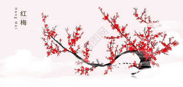 红色腊梅树云上红梅插画