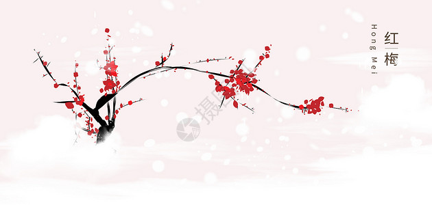 雪上红梅中国风红色窗高清图片