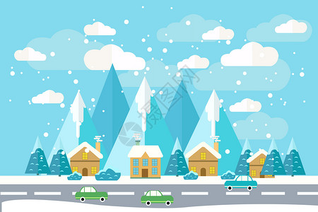 雪山小镇风景风景插画