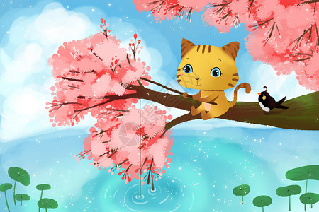 小猫钓鱼唯美风景手绘插画猫燕子高清图片