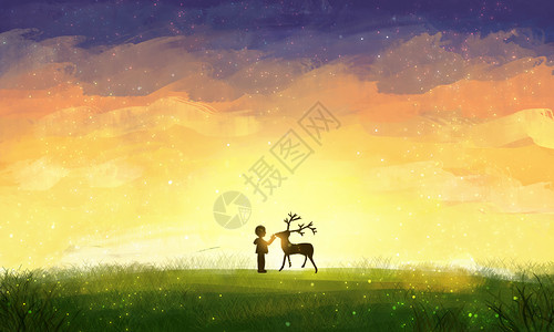 禾下乘凉梦夕阳下的鹿与少年插画