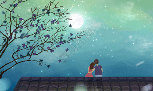 看星空的情侣情侣夜晚看月亮插画