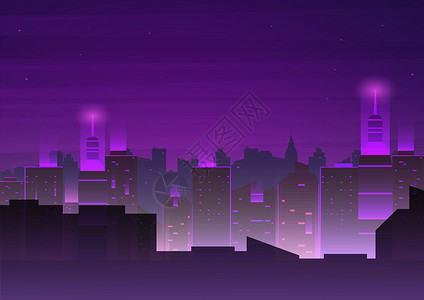 紫色楼房建筑摩登城市夜晚背景插画