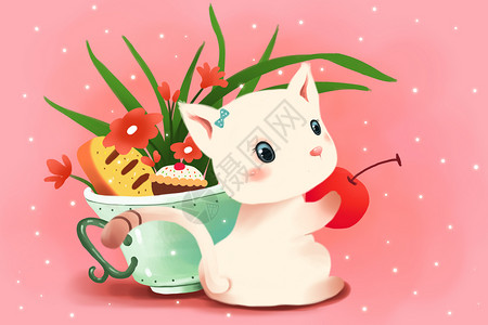 小白猫甜美小清新壁纸插画
