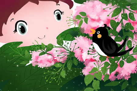 春天的探索春天柳树下的小女孩和小燕子插画高清图片