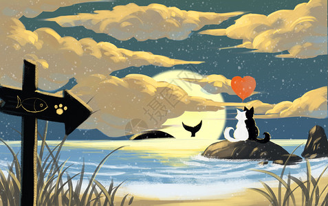 黑猫和白猫猫猫的爱情插画