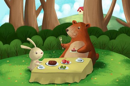 熊带耳机素材春天野餐插画
