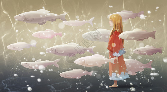 安静旅行鱼群中的女孩插画