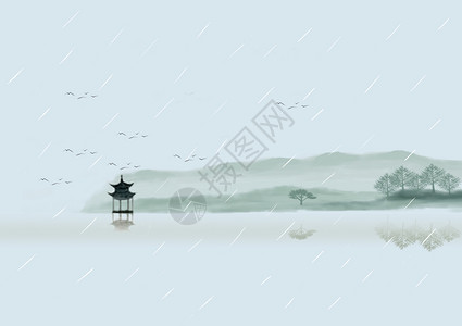 中国风上水墨画雨水中国风古墨画插画