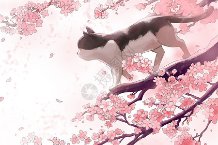 暖春新茶樱花树上的猫咪插画