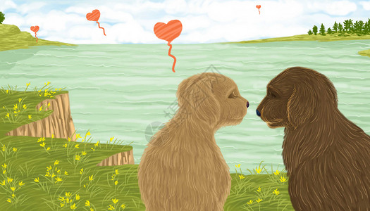 狗年情人节手绘新年气球插画高清图片