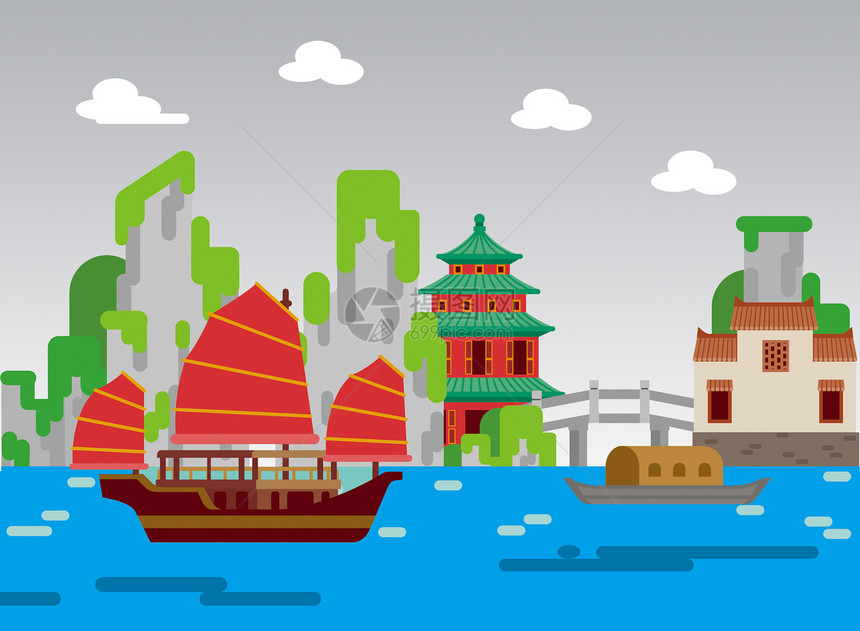 中国传统建筑扁平风景插画图片