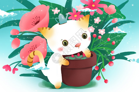 春天里的猫春天花朵壁纸插画