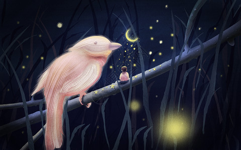 鸟孤独树丛中的男孩插画