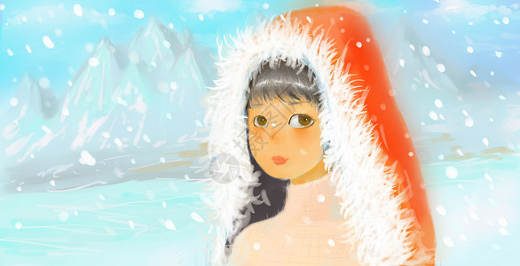北方冬雪女孩与雪插画