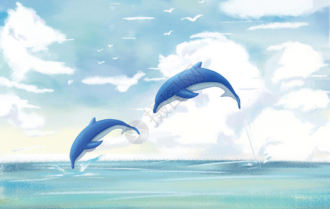 海豚湾自由翱翔的海豚插画