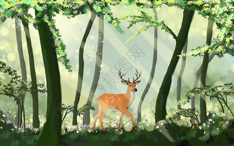 治愈系森林里的麋鹿手绘插画林深遇鹿插画