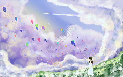手绘植物白掌天空中的气球插画
