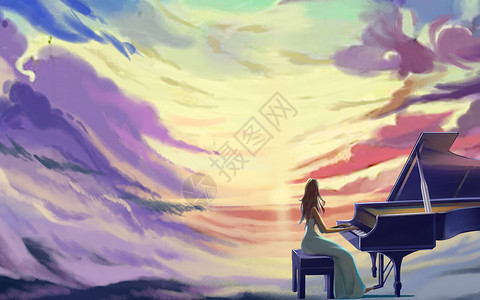美丽钢琴素材弹钢琴的女孩插画