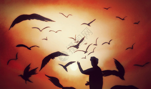 旅行人剪影黄昏下的鸽子插画