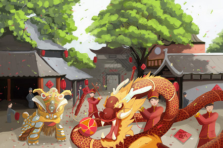正月十五元宵节主题中国风插画春节舞狮插画