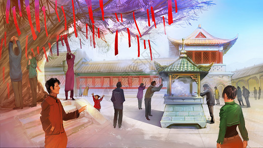 春节大年初一新年祈福插画