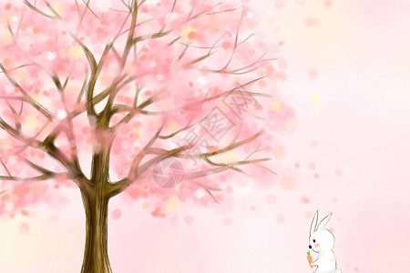黄粉樱花树下的小白兔插画