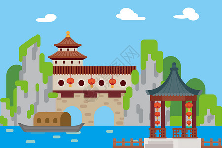 中国古建筑元素古风扁平建筑插画插画
