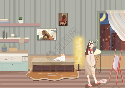 卧室手绘少女与猫插画