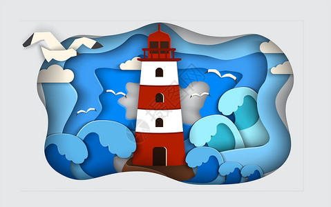 立体折纸风格云矢量立体海上灯塔插画