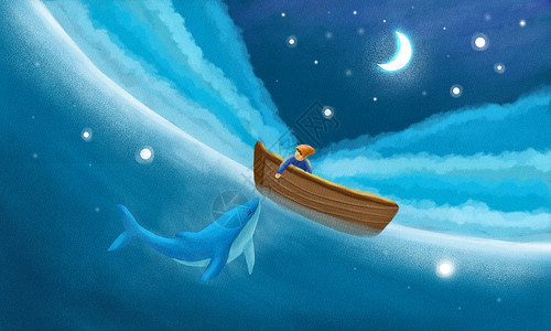 海面海豚海上小男孩插画