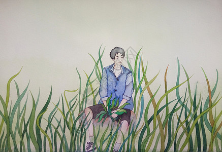 草丛水彩草丛里的男孩插画