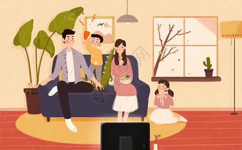 一家人一起看电视全家一起看电视插画