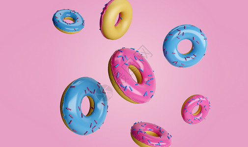 丰盛西餐多彩甜甜圈粉色背景设计图片