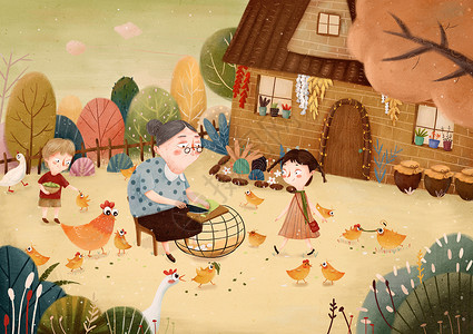 鸡与人物相伴童年回忆插画插画
