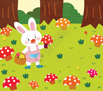 低幼小兔子采蘑菇插画