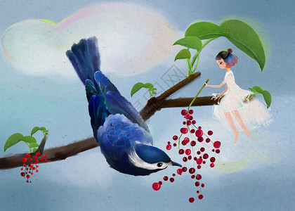 樱桃和鸟小女孩与小鸟插画