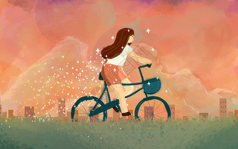 骑自行车学生傍晚的天空插画