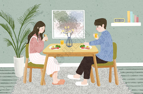 坐着吃早餐一起吃早餐的情侣插画