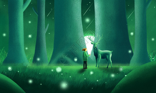 治愈系森林里的麋鹿手绘插画森林中的男孩与麋鹿插画