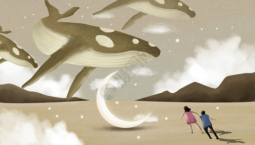 沙漠星空背景荒漠里的鲸鱼插画