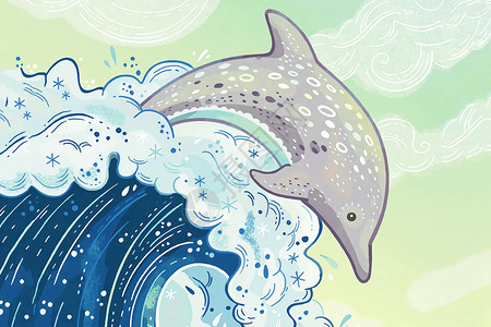 中国风海浪花纹小海豚插画