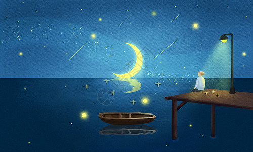 路灯夜晚坐在湖边的小男孩插画