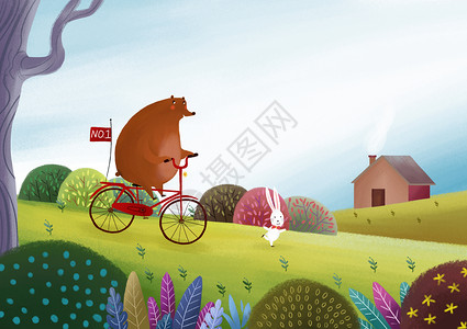 骑自行车的儿童骑车的小熊插画