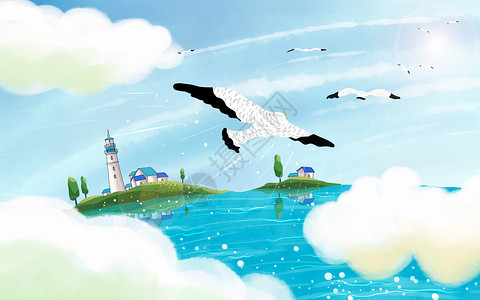国外蓝天飞翔的海鸥插画